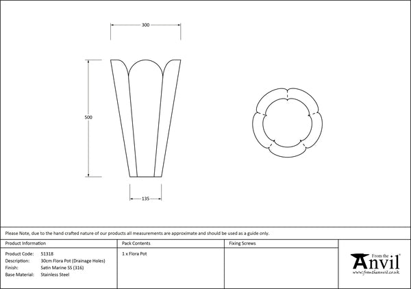 30cm Stainless Steel Flora Plant Pot (with drainage holes)