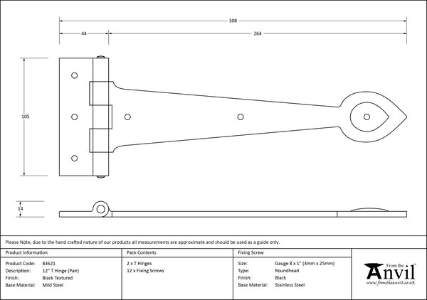 12" Black Cast T Hinge (pair)