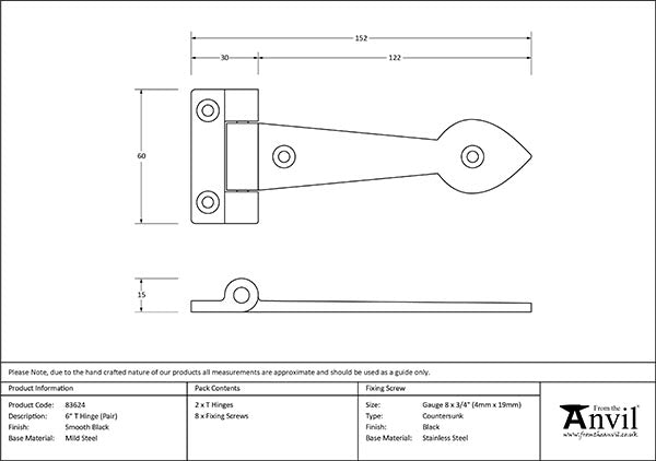 6" Smooth Black Cast T Hinge (pair)