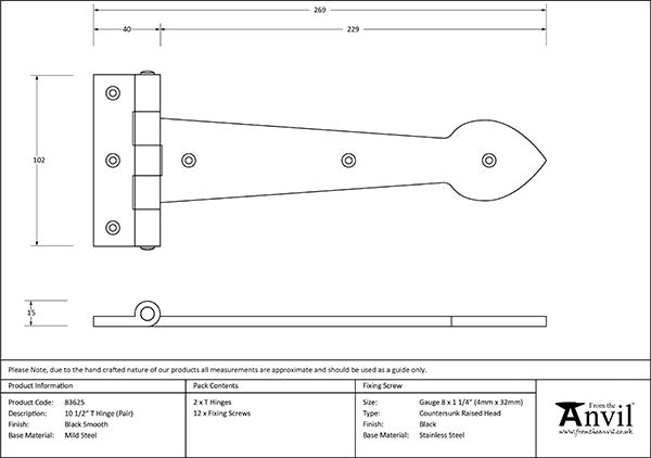 10 ½" Black Cast T Hinge (pair)