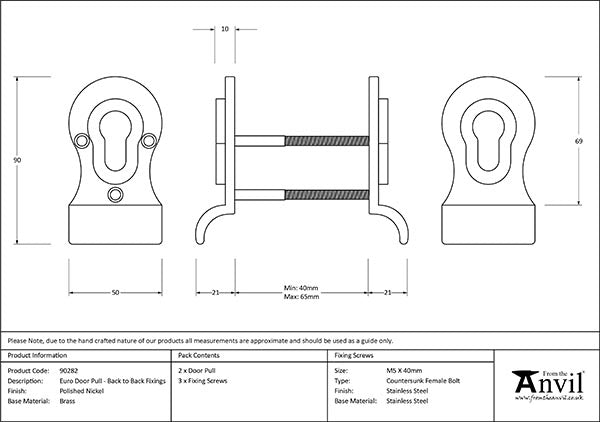 50mm Euro Door Pull (Back to Back Fixings)