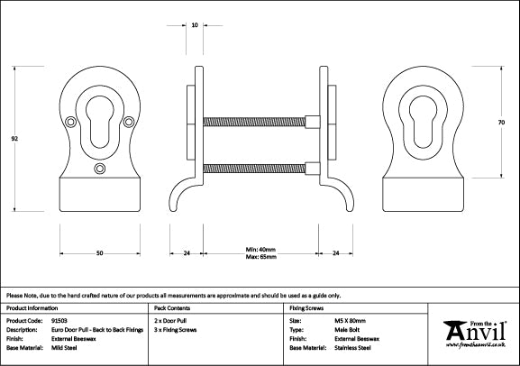 50mm Euro Door Pull (Back to Back Fixings)